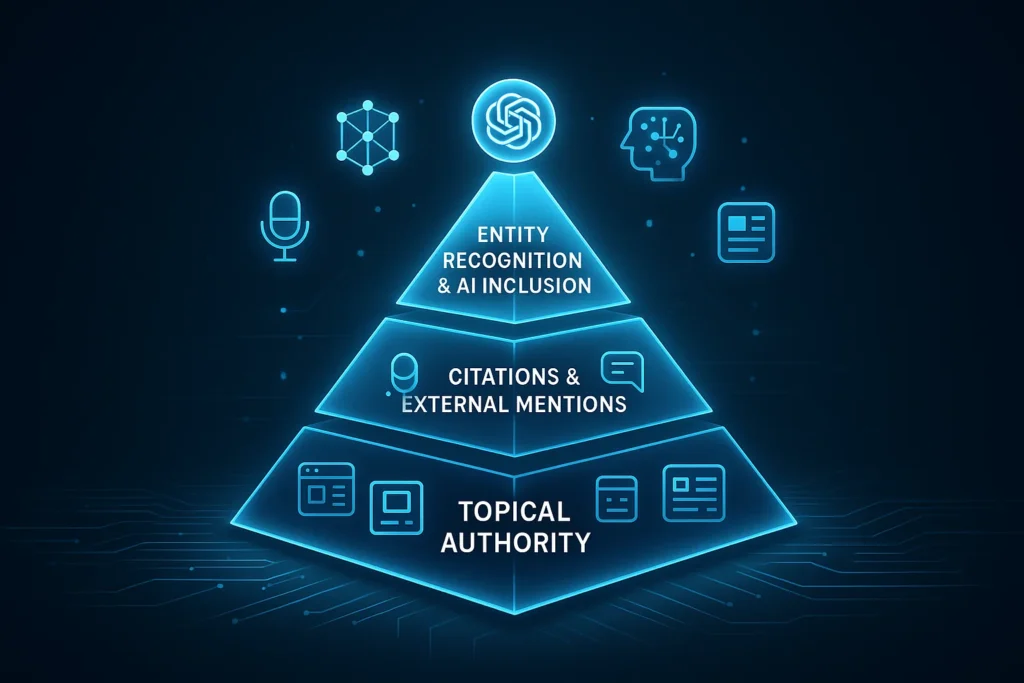 Illustration of the AI Visibility Pyramid showing three layers: topical authority, external citations, and AI system inclusion, representing the path to AI-driven brand visibility.