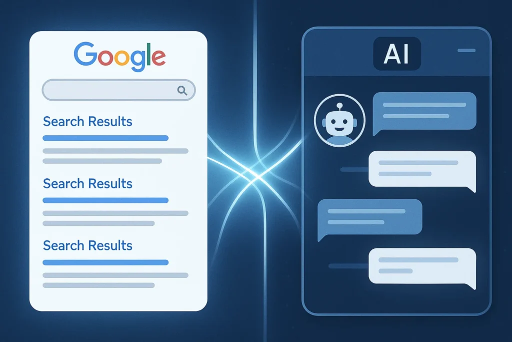 Illustration showing AI SEO connecting Google search results and AI chatbot answers, symbolizing enhanced brand visibility across both platforms.