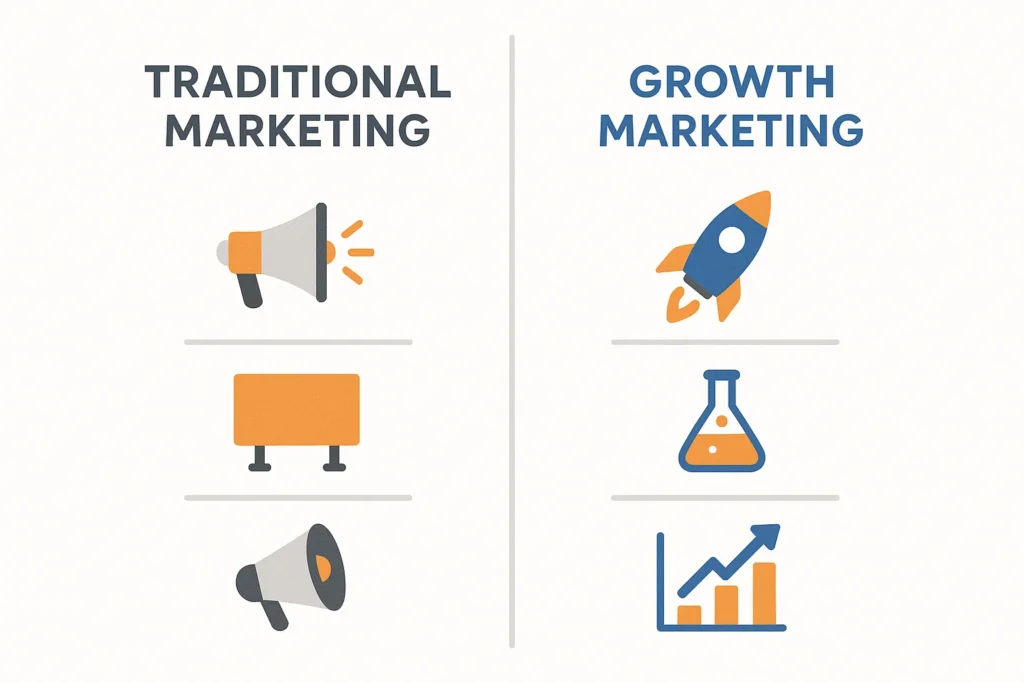 Traditional Marketing vs. Growth Marketing Comparison Chart

Split comparison infographic with two vertical columns. Left side labeled 'Traditional Marketing' with icons: bullhorn, billboard, and megaphone, using soft grey and orange. Right side labeled 'Growth Marketing' with icons: rocket, lab flask, graph arrow, in blue and orange colors. Clean, flat design, minimalistic style, white background, consistent with corporate, SaaS visual standards.