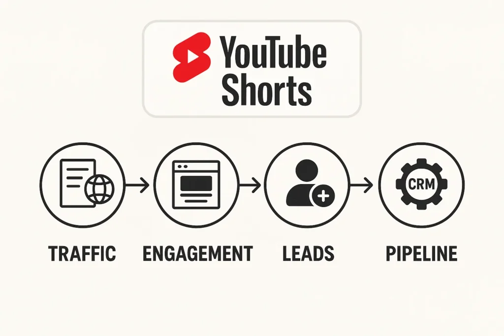 Flowchart showing how YouTube Shorts lead to traffic → engagement → leads → pipeline, with arrows and icons (blog, landing page, CRM, etc.)
Why it works: Visually connects Shorts to business outcomes—ideal for B2B execs and strategists.